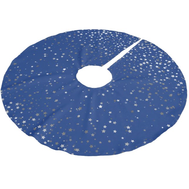 Tree Skirt-Silver-Grey Stars Royal Blue Brushed Polyester Tree Skirt (Angled)