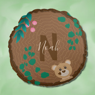Tree Slab with Bear Nursery Room Monogram Pillow