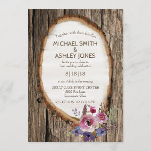 Tree Slice Stump with Flowers Wedding Invitation
