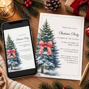Tree snow red tartan bow Christmas Party Invitation