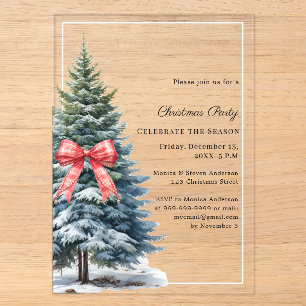 Tree snow red tartan bow clear Christmas Party Acrylic Invitations