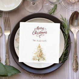 Tree snow white red script Christmas Napkin
