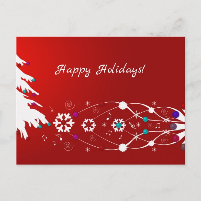 Tree, Snowflakes, & Swirls Red Happy Holidays Card (Front)