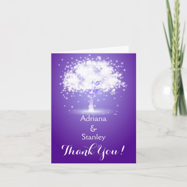 Tree & sparkling lights purple wedding Thank You (Front)