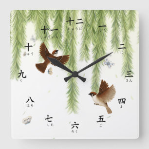 Tree Sparrows Kanji Numbers with Hiragana Square W Wall Clock