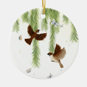 Tree Sparrows Under a Weeping Willow Personalized Ceramic Ornament