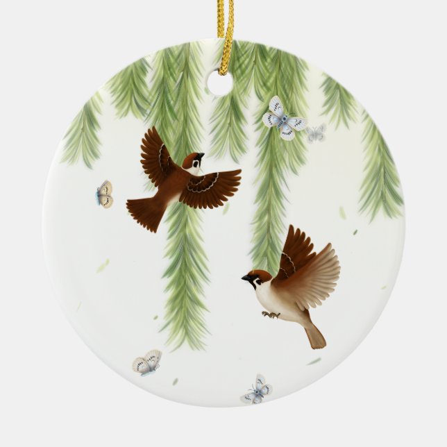 Tree Sparrows Under a Weeping Willow Personalized Ceramic Ornament (Front)