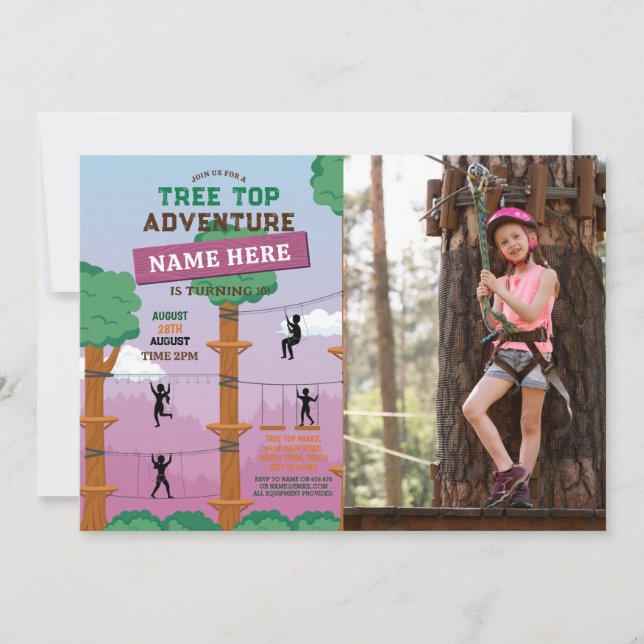 Tree Top Birthday Adventure Park Pink Girl Photo Invitation (Front)