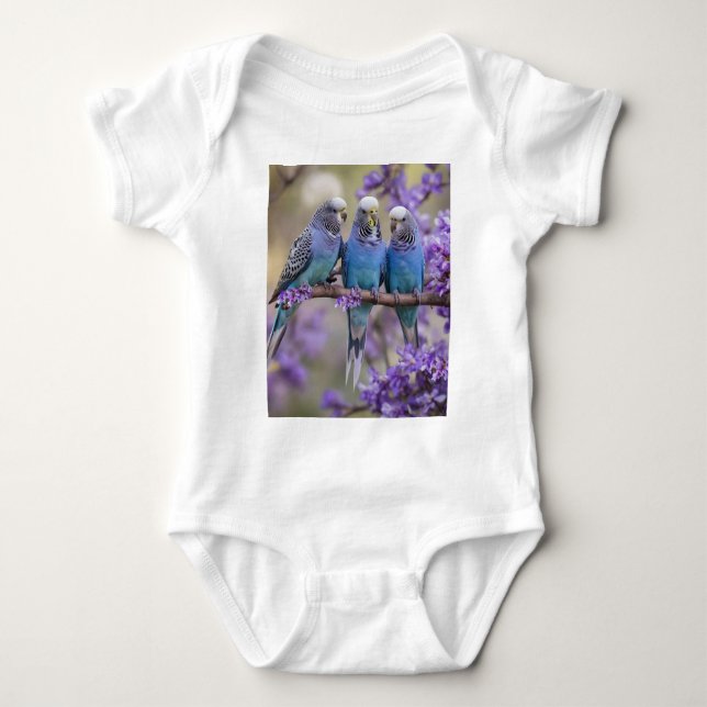Tree Top Chatter: Blue Budgies In Jacaranda Tree, (Front)
