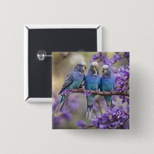 Tree Top Chatter: Blue Budgies In Jacaranda Tree, 2 Inch Square Button