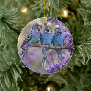 Tree Top Chatter: Blue Budgies In Jacaranda Tree, Ceramic Ornament