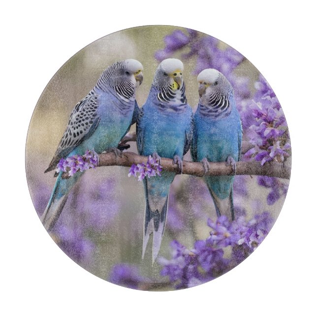 Tree Top Chatter: Blue Budgies In Jacaranda Tree, Cutting Board (Front)