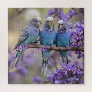Tree Top Chatter: Blue Budgies In Jacaranda Tree, Jigsaw Puzzle