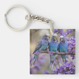 Tree Top Chatter: Blue Budgies In Jacaranda Tree, Keychain