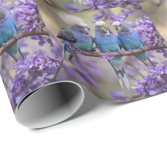Tree Top Chatter: Blue Budgies In Jacaranda Tree, Wrapping Paper (Roll Corner)