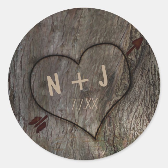 Tree Trunk + Carved Heart Wedding Rustic Stickers (Front)