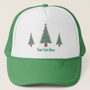tree with decorations red bows bells for christmas trucker hat