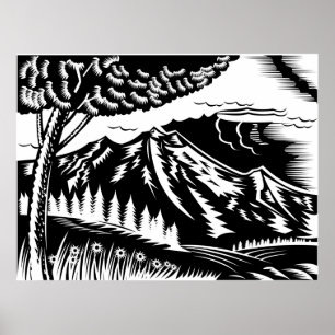 tree with mountain in background woodcut poster