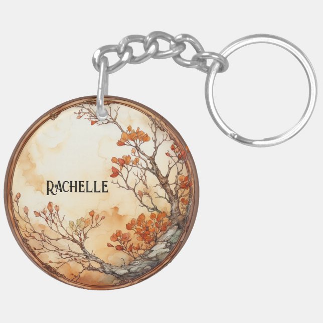 Tree with Orange Flowers Twig Wreath Leaves  Keychain (Back Left)