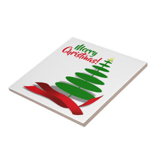 Tree With Red Ribbon Christmas Tile