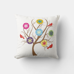 Tree with snowflakes and cardinals custom throw pillow