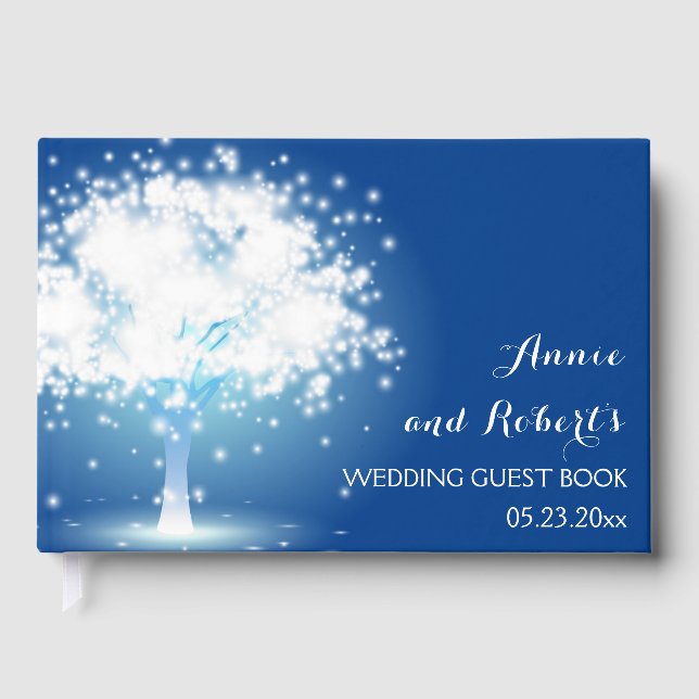 Tree with sparkling lights blue wedding guest book (Front)