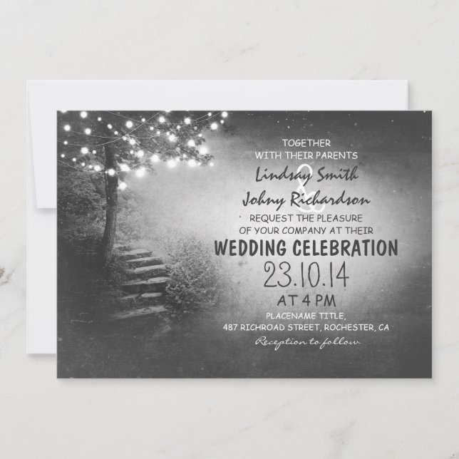 tree with string lights black & white wedding invitation (Front)