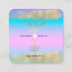 Tree Women Gold Brush Stroke Holographic Yoga Square Business Card