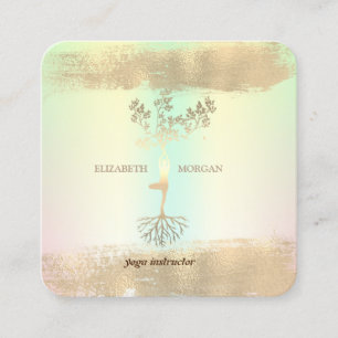 Tree Women Silhouet Gold Brush Stroke Holographic Square Business Card
