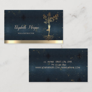 Tree Women Silhouette Blue Gold Yoga Instructor Business Card
