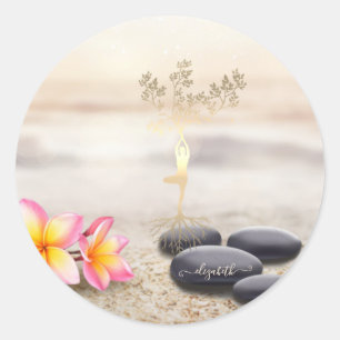 Tree Women Silhouette Zen Stones  Throw Pillow Classic Round Sticker