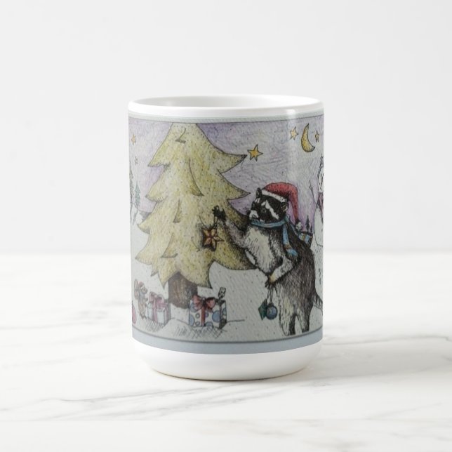 treee decorating raccoon coffee mug (Center)