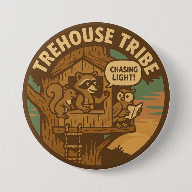 Treehouse Tribe Raccoon Squirrel Owl Chasing Light 3 Inch Round Button (Front)
