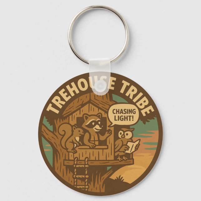 Treehouse Tribe Raccoon Squirrel Owl Chasing Light Keychain (Front)