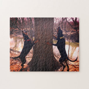 Treeing Black & Tan Coonhounds On The River Jigsaw Puzzle