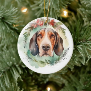 Treeing Walker Christmas Wreath Festive Pup  Ceramic Ornament