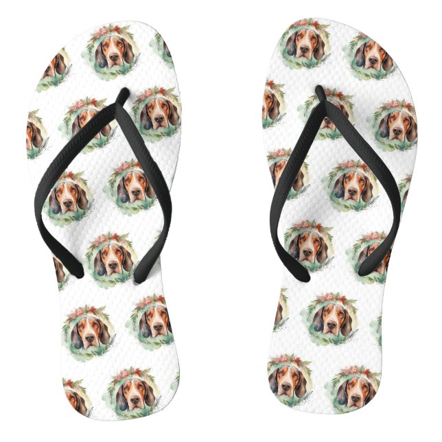 Treeing Walker Christmas Wreath Festive Pup  Flip Flops (Footbed)