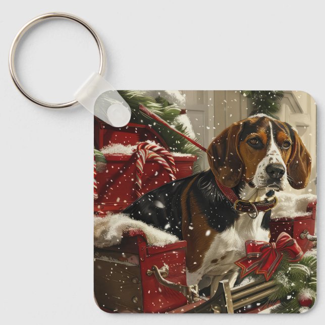 Treeing Walker Coonhound Dog Christmas Festive Keychain (Front)
