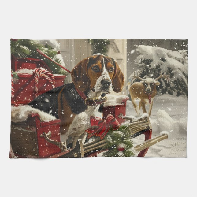Treeing Walker Coonhound Dog Christmas Festive Kitchen Towel (Horizontal)