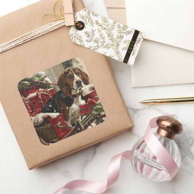 Treeing Walker Coonhound Dog Christmas Festive Square Sticker (Gifting)