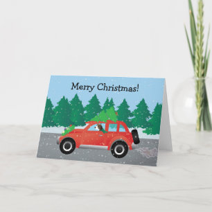 Treeing Walker Coonhound Driving a Christmas Car Holiday Card