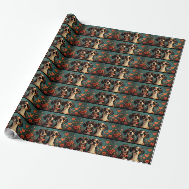 Treeing Walker Coonhound Heart Valentine's Day Wrapping Paper (Unrolled)