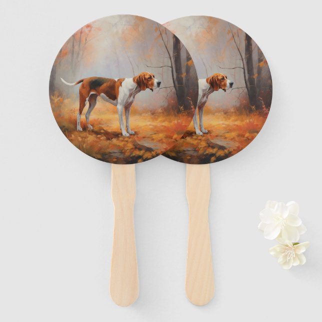 Treeing Walker Coonhound in Autumn Leaves Fall  Hand Fan (Front and Back)