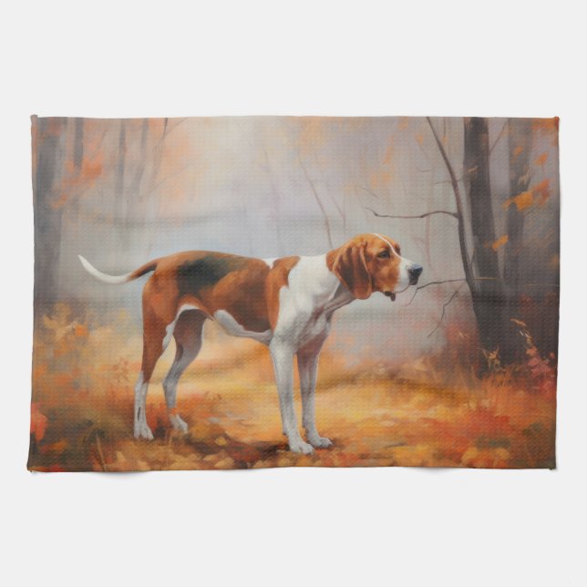Treeing Walker Coonhound in Autumn Leaves Fall  Kitchen Towel (Horizontal)