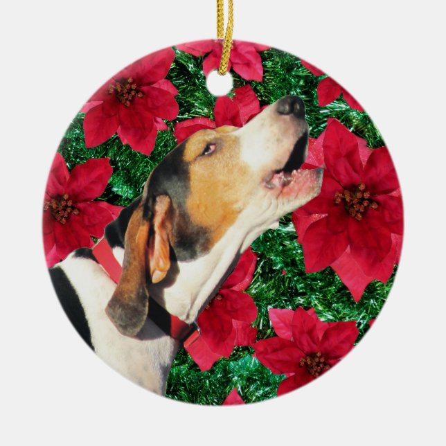 Treeing Walker Coonhound Poinsettias Ceramic Ornament (Front)
