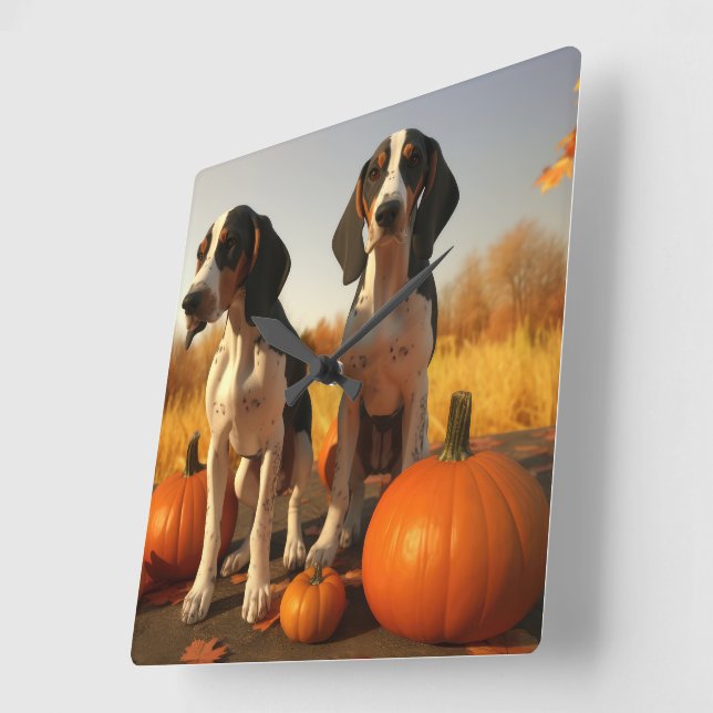Treeing Walker Coonhound Puppy Autumn Pumpkin Square Wall Clock (Angle)