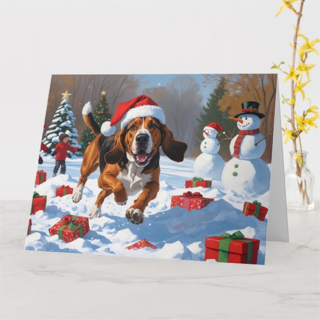 Treeing Walker Coonhound Snow with Christmas Hat Card (Yellow Flower)