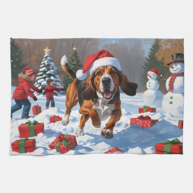 Treeing Walker Coonhound Snow with Christmas Hat Kitchen Towel (Horizontal)