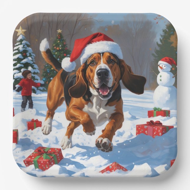 Treeing Walker Coonhound Snow with Christmas Hat Paper Plate (Front)