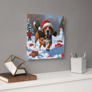 Treeing Walker Coonhound Snow with Christmas Hat Square Wall Clock